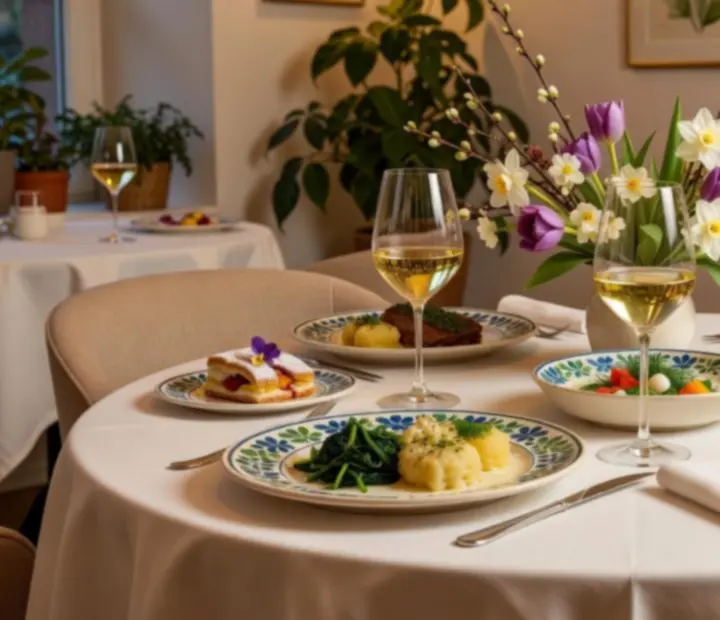 Sezonní menu na bílém ubruse, sklenky vína a bylinková dekorace