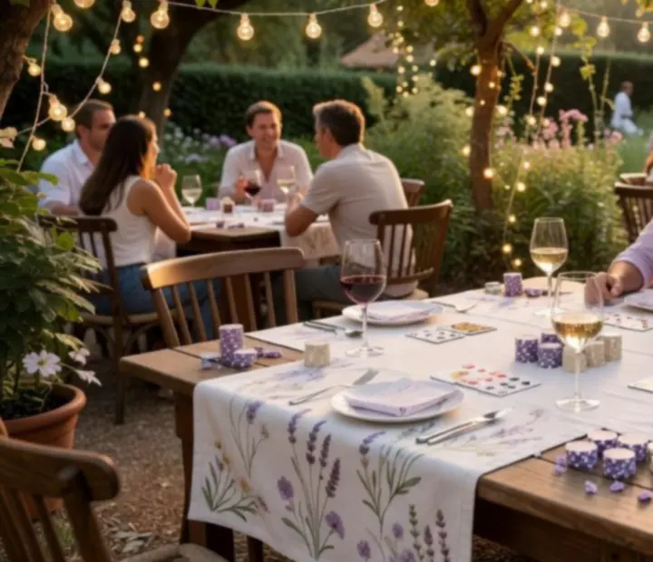 Slunečný večer v zahradní restauraci Mestsky Pavilon s hosty u pokerového stolu.