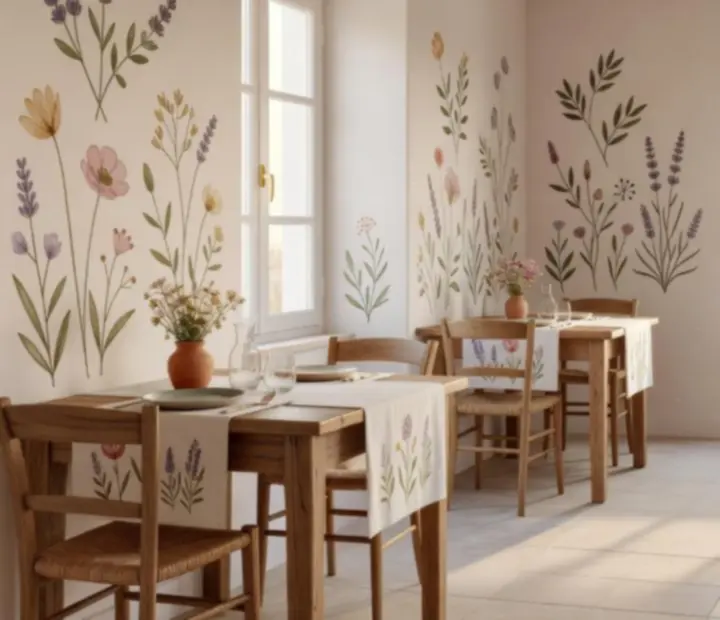 Interiér restaurace s botanickými motivy a květinovou výzdobou