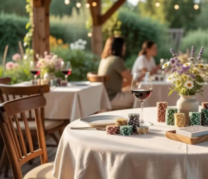 Večerní zahradní stůl v restauraci s kartami a připraveným menu