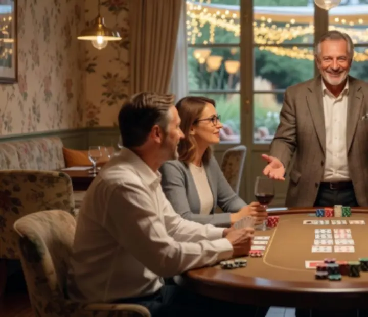 Hostitel Mestského Pavilonu provází hosty večerním pokerovým setkáním.
