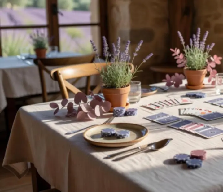 Detail fyzického pokerového stolu s kartami a žetony jako nenápadným doplňkem společenského večera