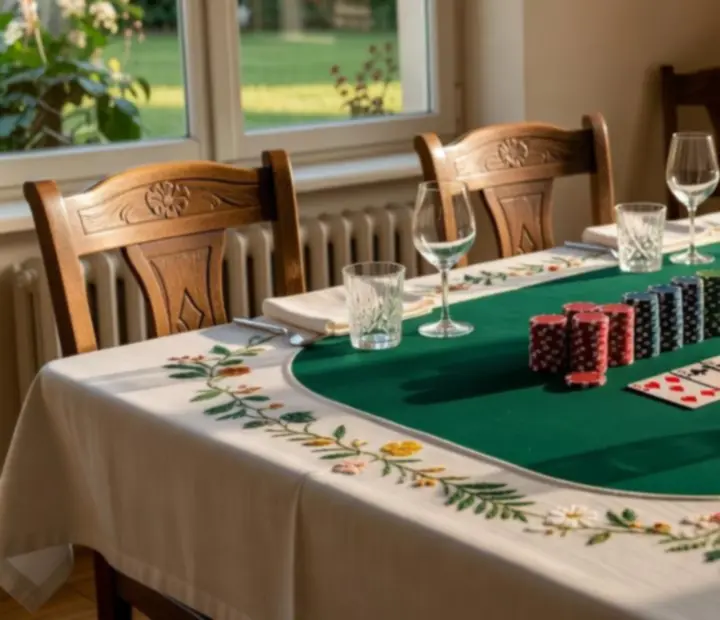 Pokerový stůl v centru dění se žetony jako nefinančními rekvizitami v zahradní restauraci.