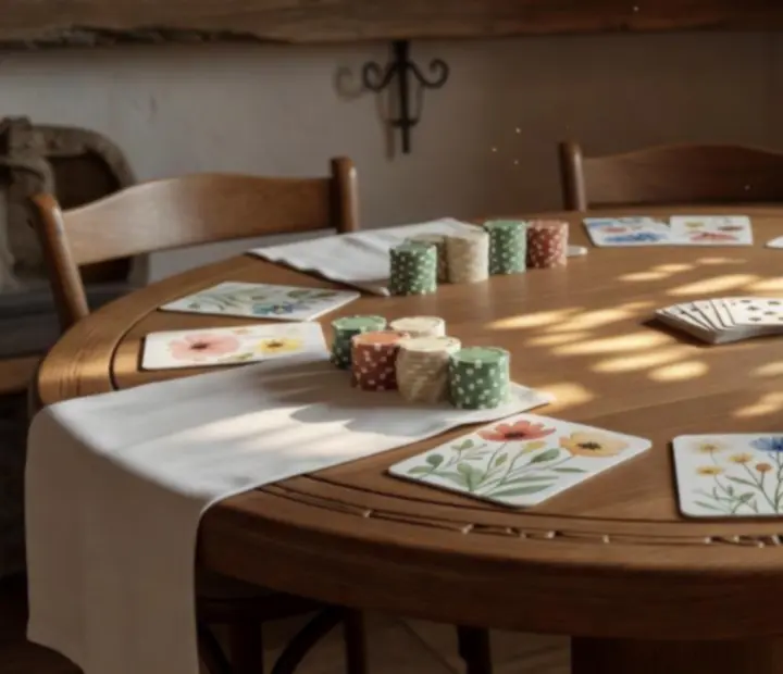 Ručně vyřezávaný pokerový stůl se sklenkami vína v intimním osvětlení