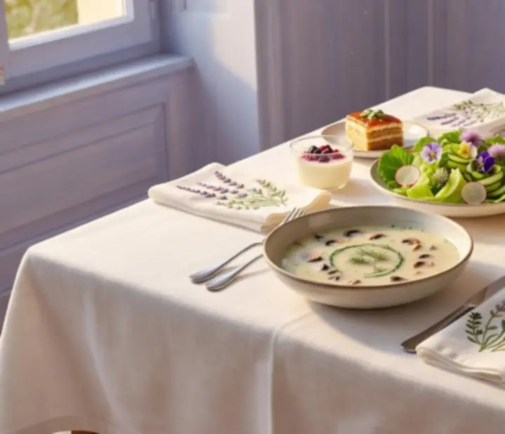 Slavnostně prostřený stůl s talíři, sklenkami a sezonním menu v restauraci