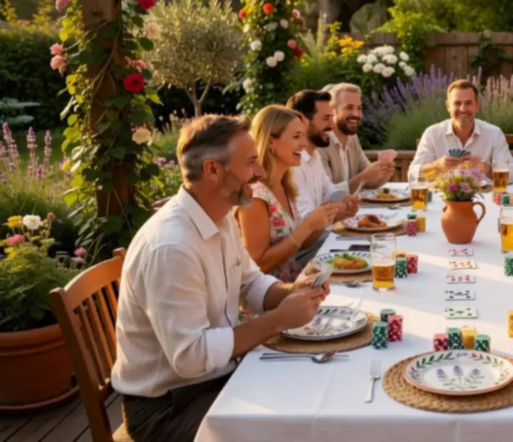 Večer v zahradní restauraci, hosté u stolu s kartami a svíčkami